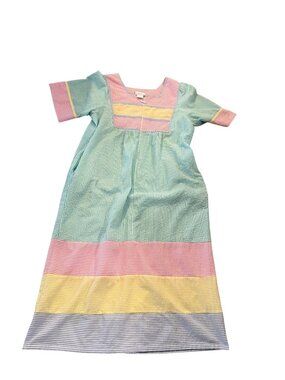 Vtg National Muumuu color block Lg Seersucker Dress Pockets zipper house coat